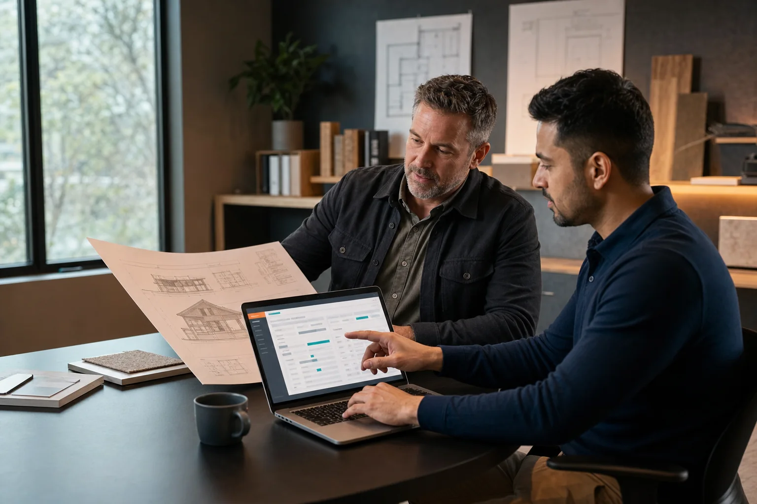 A contractor reviewing project drawings during a METIOR PRO software demonstration