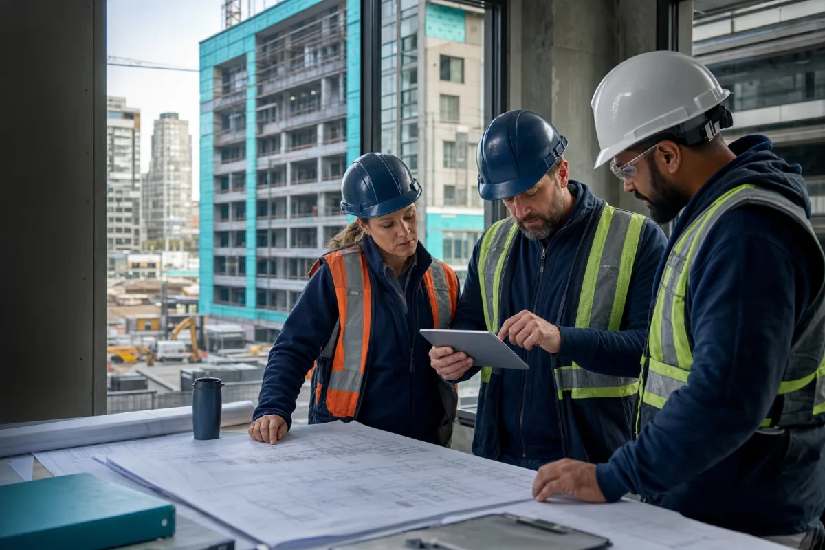 Contractor team coordinating construction plans and project workflow